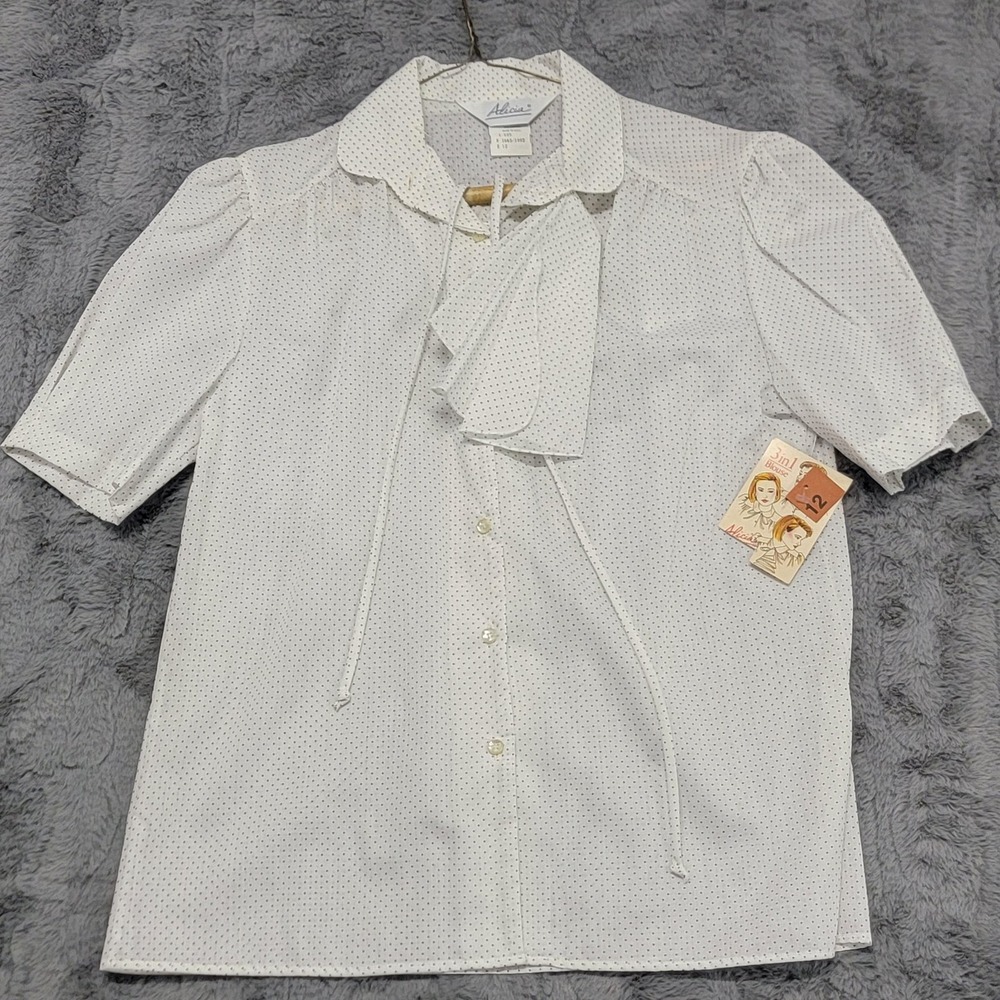 Vintage Alicia 3 In 1 Blouse Womens 12 White Polka Dot Jabot Short Sleeve 70s